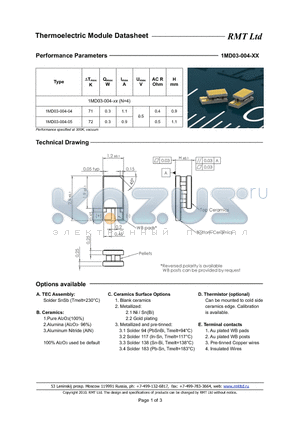 1MD03004 datasheet - 1MD03 thermoelectric coolers are specially developed for cooled TOSA applications with strict operating current limits and low power consumption