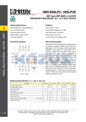 369LP3E datasheet - SMT GaAs HBT MMIC x2 ACTIVE FREQUENCY MULTIPLIER, 9.9 - 12.7 GHz OUTPUT