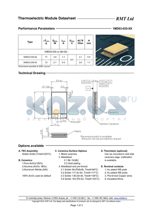 1MD03035 datasheet - 1MD03 thermoelectric coolers are specially developed for cooled TOSA applications with strict operating current limits and low power consumption