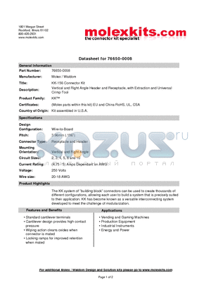 26-48-1041 datasheet - KK-156 Connector Kit Vertical and Right Angle Header and Receptacle, with Extraction and Universal Crimp Tool