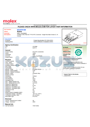 0015475180 datasheet - 2.54mm (.100) Pitch SL FFC/FPC Connector - Single Row Male Version D, 18 Circuits