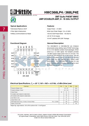 368LP4E datasheet - SMT GaAs PHEMT MMIC AMP-DOUBLER-AMP, 9 - 16 GHz OUTPUT