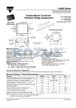 1.5SMC200A datasheet - Surface Mount TRANSZORB Transient Voltage Suppressors