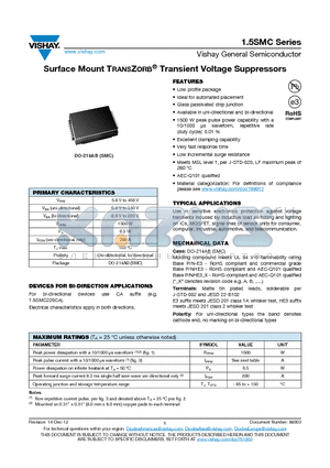 1.5SMC200A-E357T datasheet - Surface Mount TRANSZORB^ Transient Voltage Suppressors