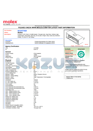 0015477620 datasheet - 2.54mm (.100) Pitch C-Grid^ Header, Through Hole, Dual Row, Vertical, High Temperature, Shrouded, with Peg, 20 Circuits, 0.38lm (15l) Gold (Au) Selective Plating