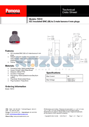 72910 datasheet - IEC Insulated BNC (M) to 2 male banana 4 mm plugs