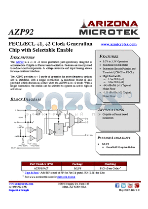 AZP92_12 datasheet - PECL/ECL 1, 2 Clock Generation Chip with Selectable Enable