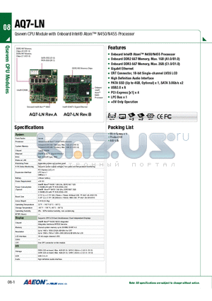 AQ7-LN datasheet - Qseven CPU Module with Onboard Intel Atom N450/N455 Processor