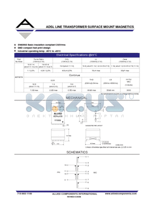 AEP027SI datasheet - ADSL LINE TRANSFORMER SURFACE MOUNT MAGNETICS