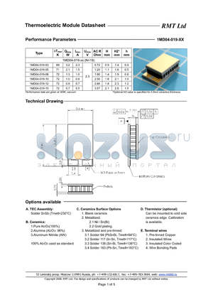 1MD04019 datasheet - 1MD03 thermoelectric coolers are specially developed for cooled TOSA applications with strict operating current limits and low power consumption.