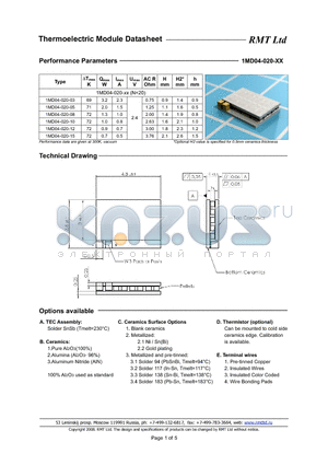 1MD04020 datasheet - 1MD03 thermoelectric coolers are specially developed for cooled TOSA applications with strict operating current limits and low power consumption.