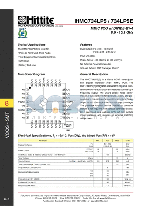 734LP5E datasheet - MMIC VCO w/ DIVIDE-BY-4 8.6 - 10.2 GHz