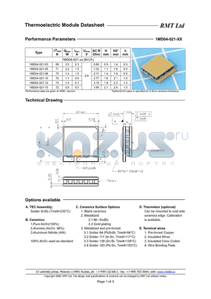 1MD04021 datasheet - 1MD03 thermoelectric coolers are specially developed for cooled TOSA applications with strict operating current limits and low power consumption.