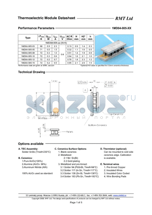 1MD04005 datasheet - 1MD03 thermoelectric coolers are specially developed for cooled TOSA applications with strict operating current limits and low power consumption.