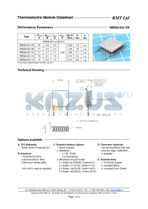 1MD06031 datasheet - 1MD03 thermoelectric coolers are specially developed for cooled TOSA applications with strict operating current limits and low power consumption.