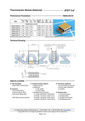 1MD04008 datasheet - 1MD03 thermoelectric coolers are specially developed for cooled TOSA applications with strict operating current limits and low power consumption.