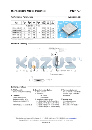 1MD06059 datasheet - 1MD03 thermoelectric coolers are specially developed for cooled TOSA applications with strict operating current limits and low power consumption.