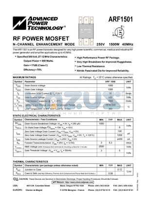 ARF1501 datasheet - RF POWER MOSFET N-CHANNEL ENHANCEMENT MODE