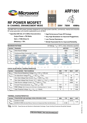 ARF1501 datasheet - RF POWER MOSFET N-CHANNEL ENHANCEMENT MODE