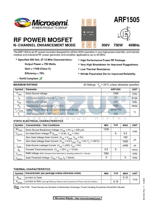 ARF1505 datasheet - RF POWER MOSFET N-CHANNEL ENHANCEMENT MODE