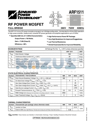 ARF1511 datasheet - RF POWER MOSFET