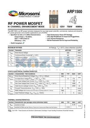 ARF1500 datasheet - RF POWER MOSFET N-CHANNEL ENHANCEMENT MODE