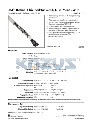 3644 datasheet - 3M Round, Shielded/Jacketed, Disc. Wire Cable 28 AWG Stranded, Twisted Pair, PO/PVC