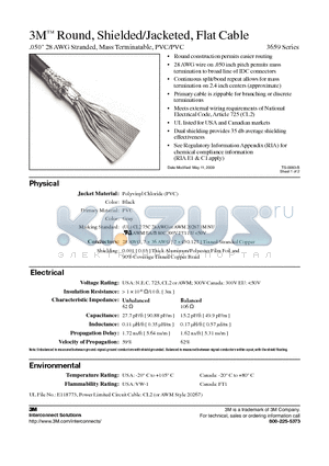 3659/09 datasheet - 3M Round, Shielded/Jacketed, Flat Cable .050 28 AWG Stranded, Mass Terminatable, PVC/PVC