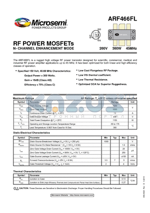 ARF466FL datasheet - RF POWER MOSFETs N-CHANNEL ENHANCEMENT MODE