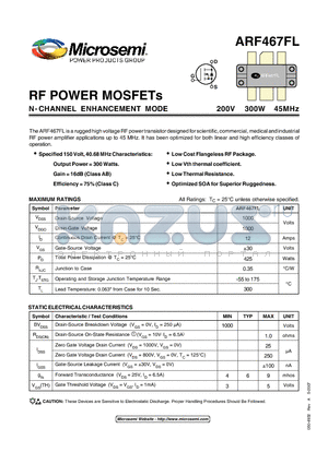 ARF467FL datasheet - RF POWER MOSFETs N-CHANNEL ENHANCEMENT MODE