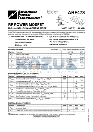 ARF473 datasheet - N-CHANNEL ENHANCEMENT MODE POWER MOSFETs
