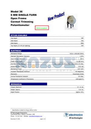 36PR10KLF datasheet - 6 MM SINGLE-TURN Open Frame Cermet Trimming Potentiometer