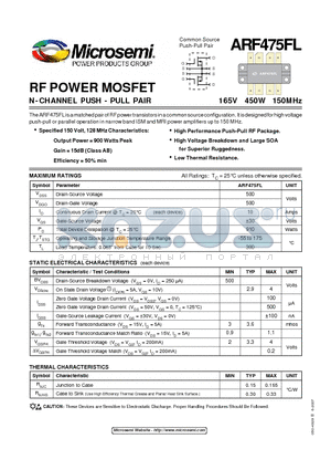 ARF475FL datasheet - RF POWER MOSFET N-CHANNEL PUSH - PULL PAIR