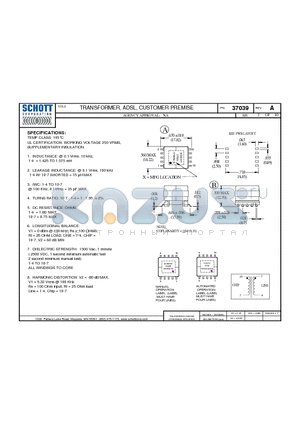 37039 datasheet - TRANSFORMER, ADSL, CUSTOMER PREMISE