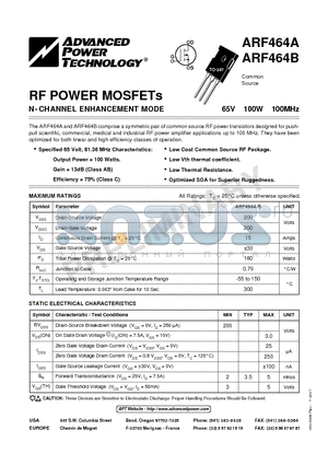 ARF464A datasheet - RF POWER MOSFETs N-CHANNEL ENHANCEMENT MODE