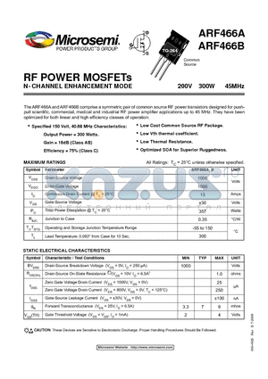 ARF466A datasheet - RF POWER MOSFETs N-CHANNEL ENHANCEMENT MODE