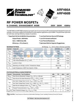 ARF466B datasheet - N-CHANNEL ENHANCEMENT MODE POWER MOSFETs