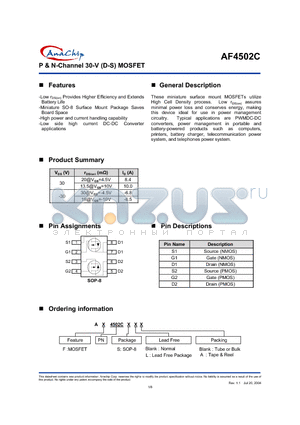 AF4502CS datasheet - P & N-Channel 30-V (D-S) MOSFET