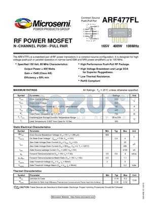 ARF477FL_10 datasheet - RF POWER MOSFET N-CHANNEL PUSH - PULL PAIR