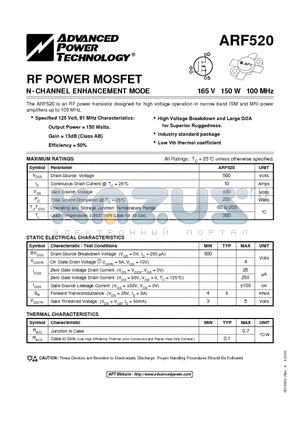 ARF520 datasheet - N-CHANNEL ENHANCEMENT MODE POWER MOSFETs