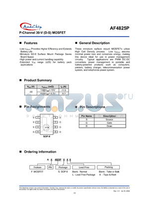 AF4825PSL datasheet - P-Channel 30-V (D-S) MOSFET