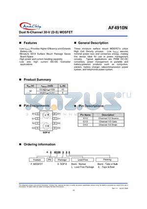 AF4910NS datasheet - Dual N-Channel 30-V (D-S) MOSFET