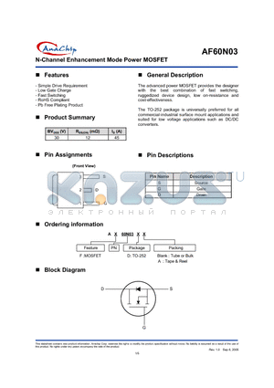 AF60N03D datasheet - N-Channel Enhancement Mode Power MOSFET