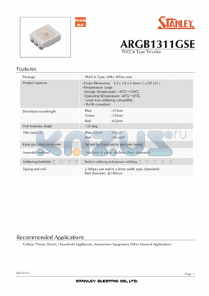 ARGB1311GSE datasheet - PLCC-6 Type Tri-color Leadfree soldering compatible