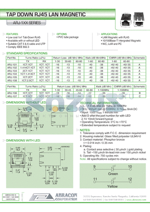 ARJ-101 datasheet - TAP DOWN RJ45 LAN MAGNETIC