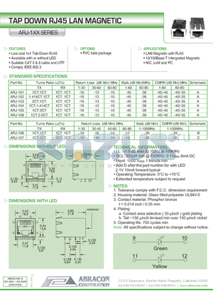 ARJ-104 datasheet - TAP DOWN RJ45 LAN MAGNETIC