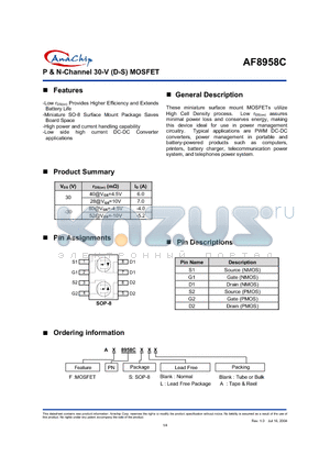 AF8958CS datasheet - P & N-Channel 30-V (D-S) MOSFET