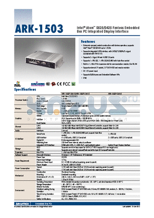 ARK-1503 datasheet - Intel^ Atom D525/D425 Fanless Embedded Box PC Integrated Display Interface