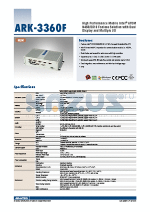 ARK-3360F-D5A1E datasheet - High Performance Mobile Intel^ ATOM N450/D510 Fanless Solution with Dual Display and Multiple I/O