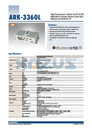 ARK-3360L-N4A1E datasheet - High Performance Mobile Intel^ ATOM N450/D510 Fanless Solution with Dual Display and Multiple I/O